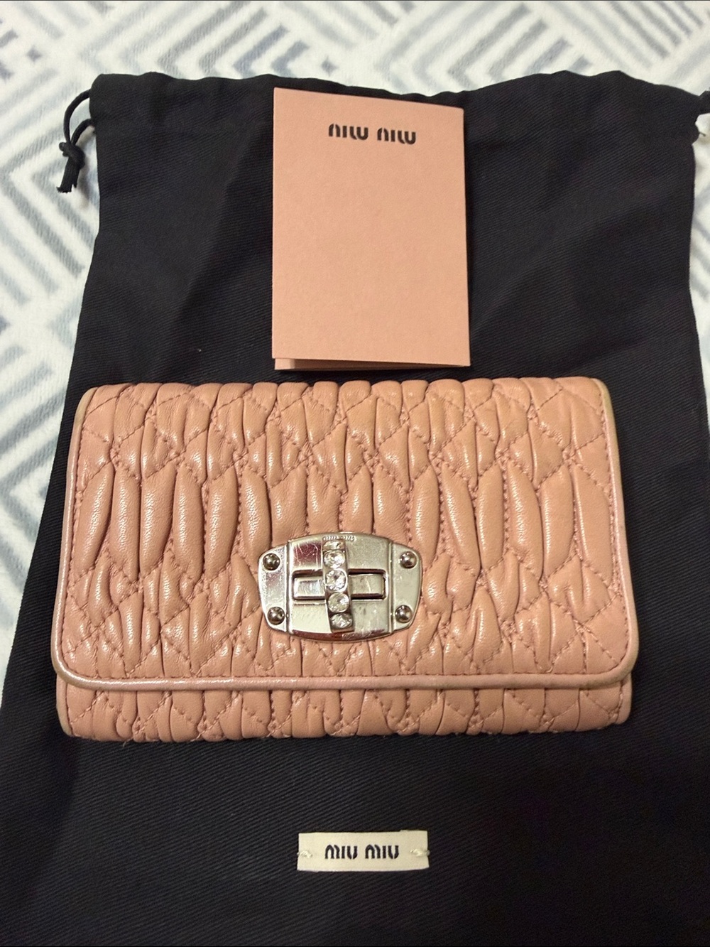 Miu Miu $598 retail calfskin leather crystal series Quilted Blush pink wallet.
